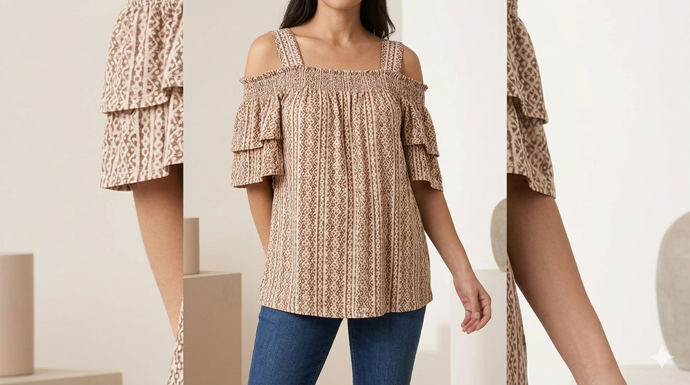 Chico's Brown Tan Tribal Geometric Cold Shoulder Ruffle Sleeve Blouse Top 2 L
